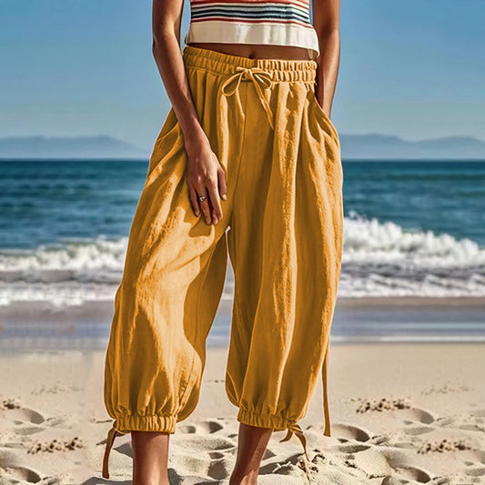 Summer Cotton And Linen Women's Ninth Elastic Waist Casual Pants