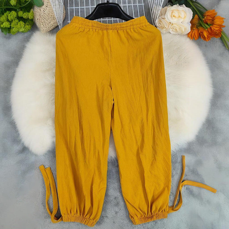 Summer Cotton And Linen Women's Ninth Elastic Waist Casual Pants