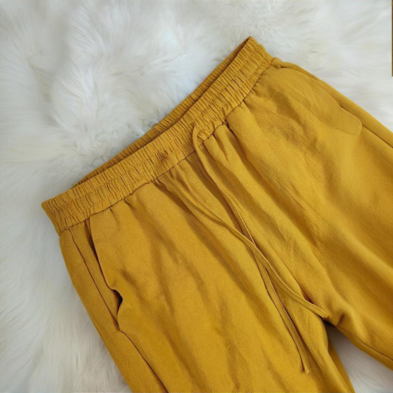 Summer Cotton And Linen Women's Ninth Elastic Waist Casual Pants