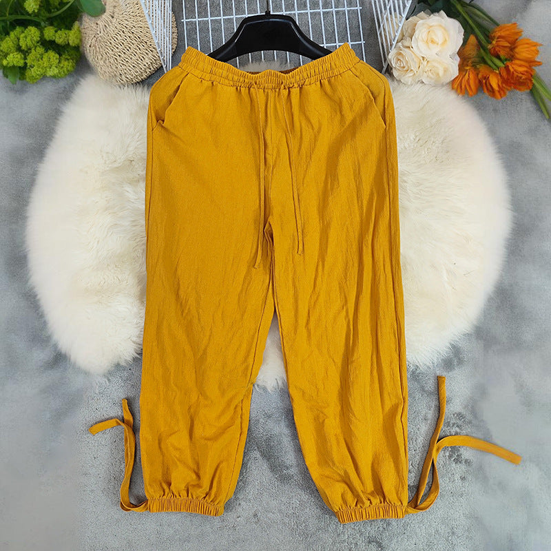 Summer Cotton And Linen Women's Ninth Elastic Waist Casual Pants