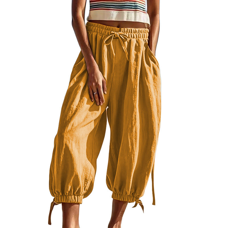 Summer Cotton And Linen Women's Ninth Elastic Waist Casual Pants
