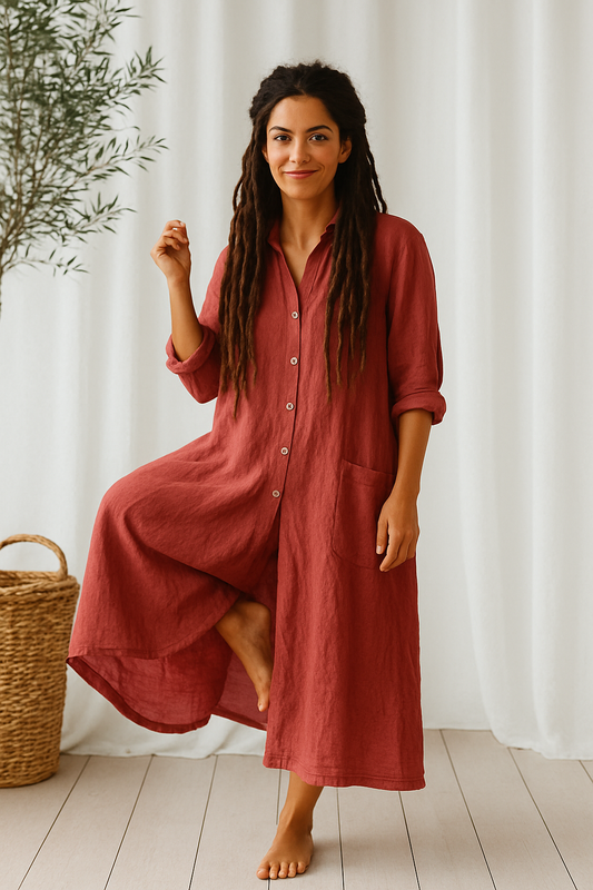 Oversized Damen-Jumpsuit aus Baumwolle und Leinen mit Knöpfen