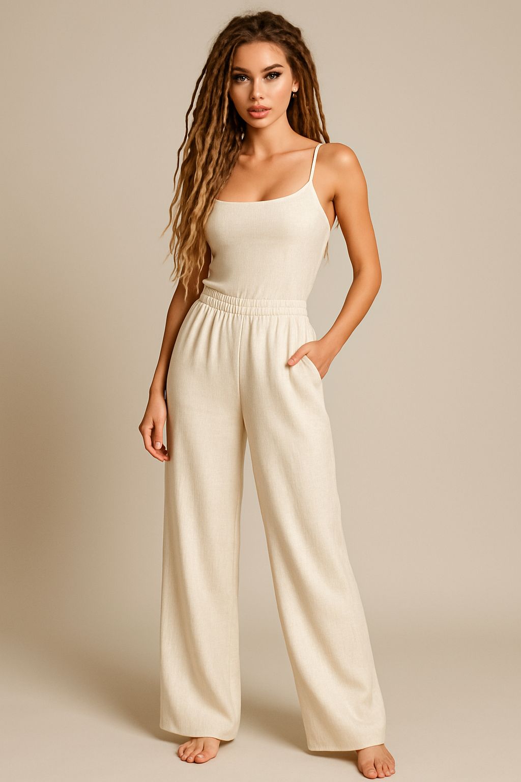 White Cotton and Linen Wide-leg Pants