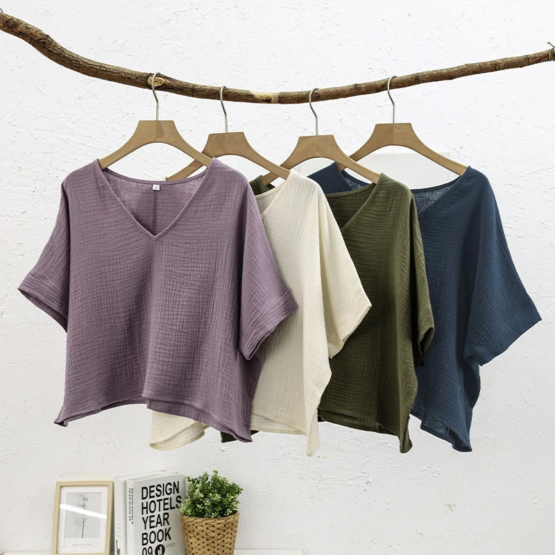 Oversize-Bluse aus 100 % Baumwolle – Kurzarm mit V-Ausschnitt
