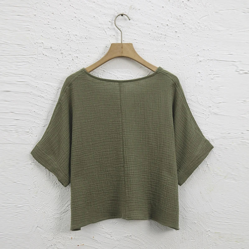 Oversize-Bluse aus 100 % Baumwolle – Kurzarm mit V-Ausschnitt