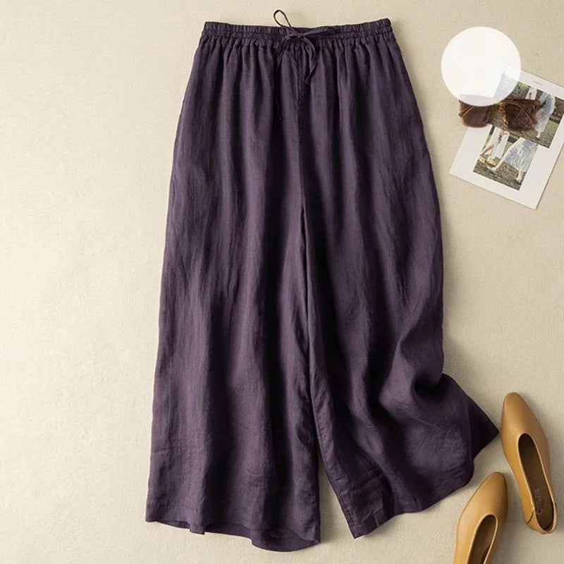 Purple Cotton Linen Casual Elastic High Waist