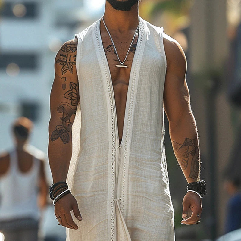Kaftan Men Cardigan Vintage V Neck Sleeveless