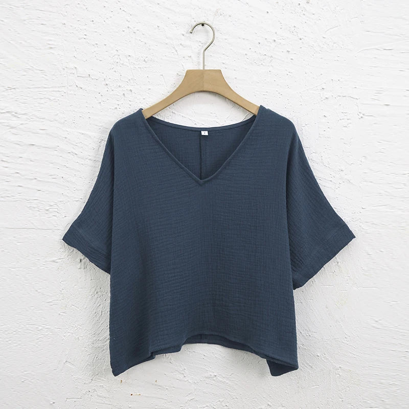 Oversize-Bluse aus 100 % Baumwolle – Kurzarm mit V-Ausschnitt