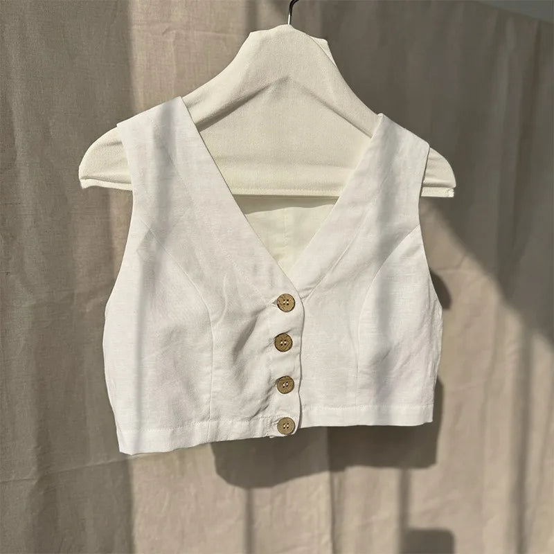 Crop Top aus Baumwolle und Leinen mit Knöpfen