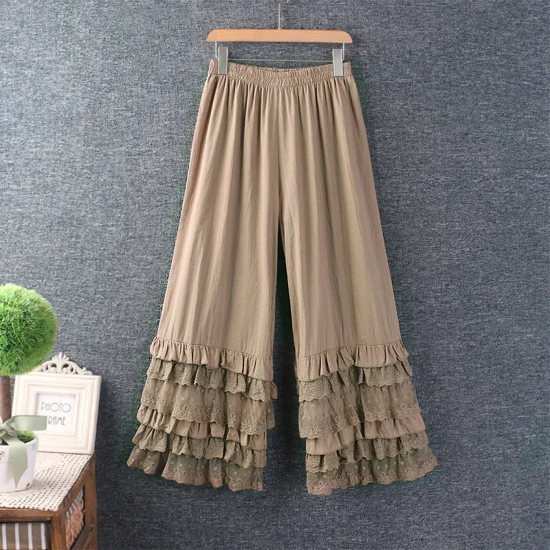 Cotton Ruffled Lace Hem Wide Leg White Pant