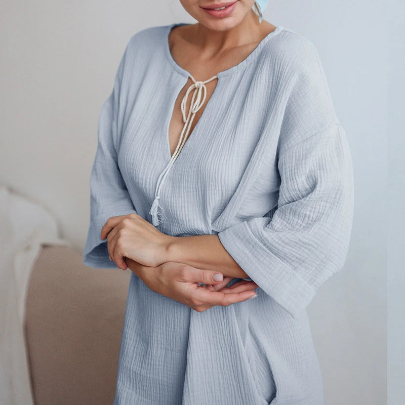Damenkleid mit langen Ärmeln aus 100 % Baumwolle – Retro-Stil mit Schnürung
