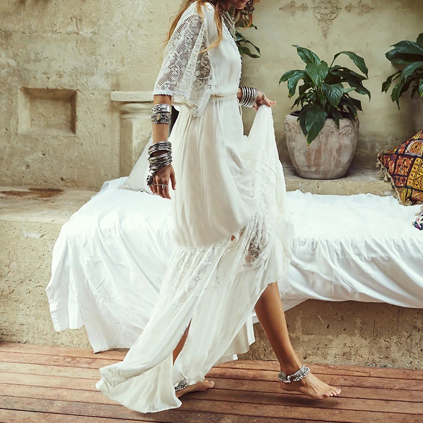 Boho Weißes Kleid mit Spitzen-Details
