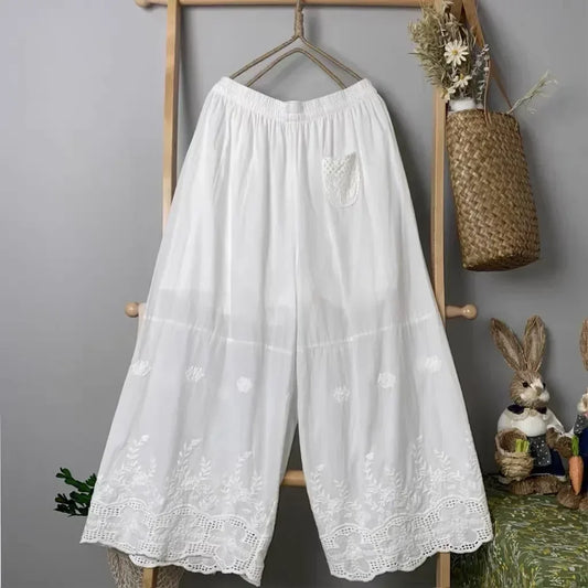 Sweet Floral Embroidery Eyelet Lace Wide Leg Pants