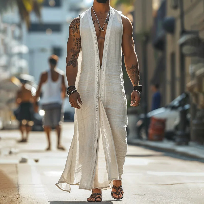 Kaftan Men Cardigan Vintage V Neck Sleeveless