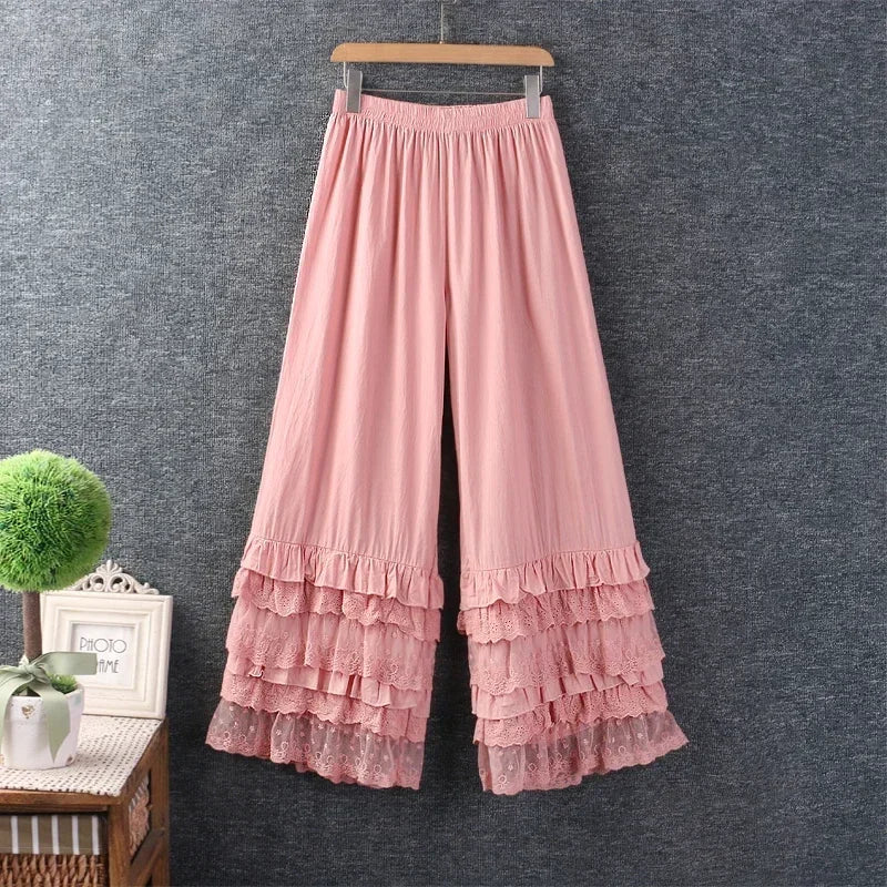 Cotton Ruffled Lace Hem Wide Leg White Pant