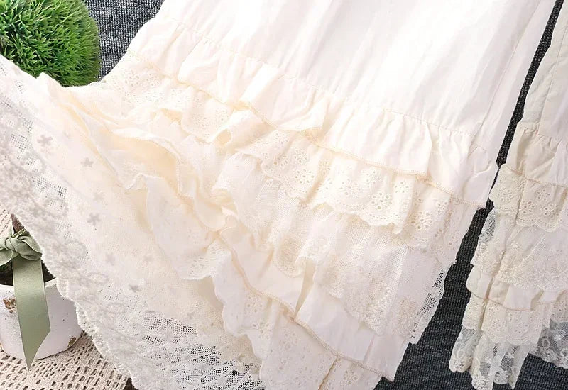 Cotton Ruffled Lace Hem Wide Leg White Pant