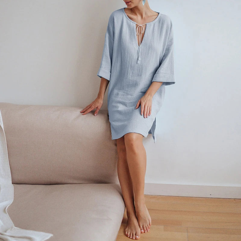 Damenkleid mit langen Ärmeln aus 100 % Baumwolle – Retro-Stil mit Schnürung