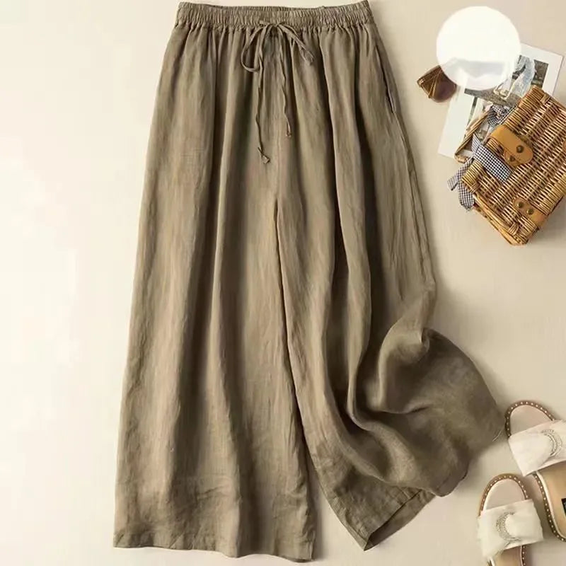 Purple Cotton Linen Casual Elastic High Waist