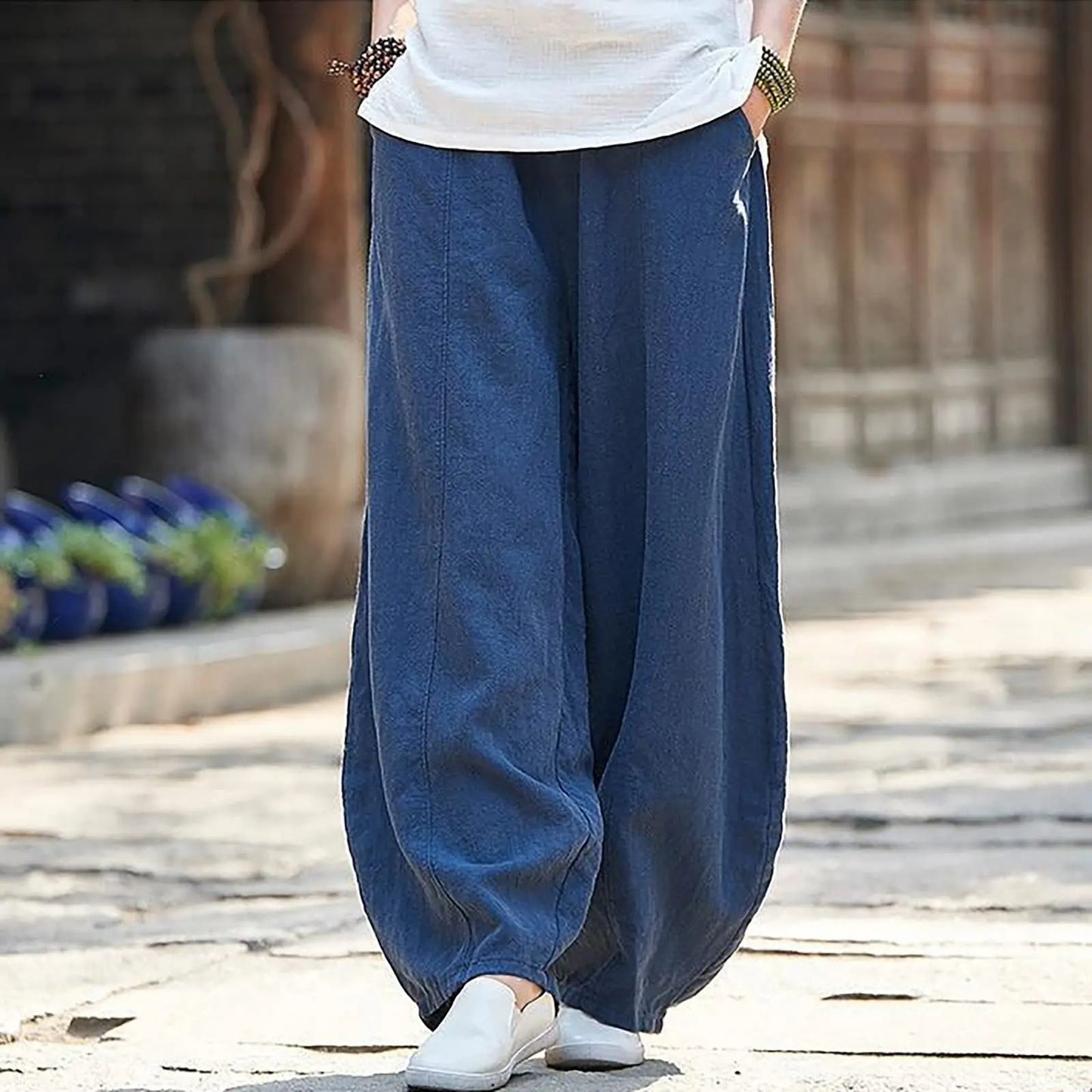 2025 Cotton Linen Style Bloomers Wide Leg Pants Women