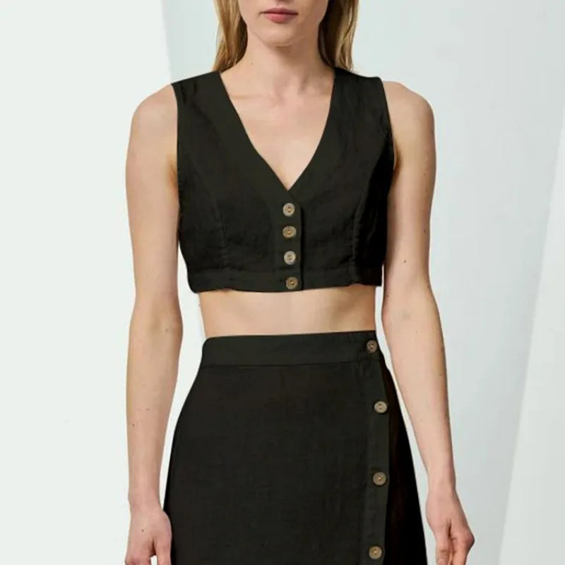Crop Top aus Baumwolle und Leinen mit Knöpfen
