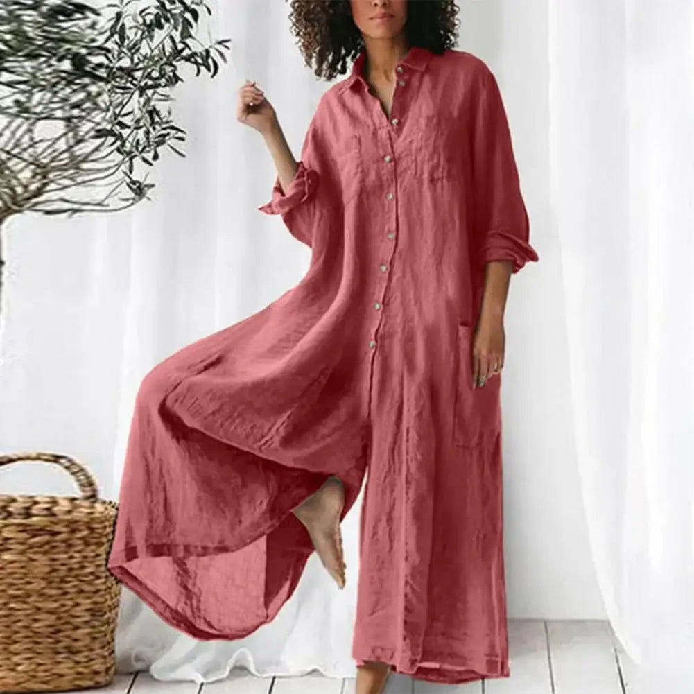 Oversized Damen-Jumpsuit aus Baumwolle und Leinen mit Knöpfen