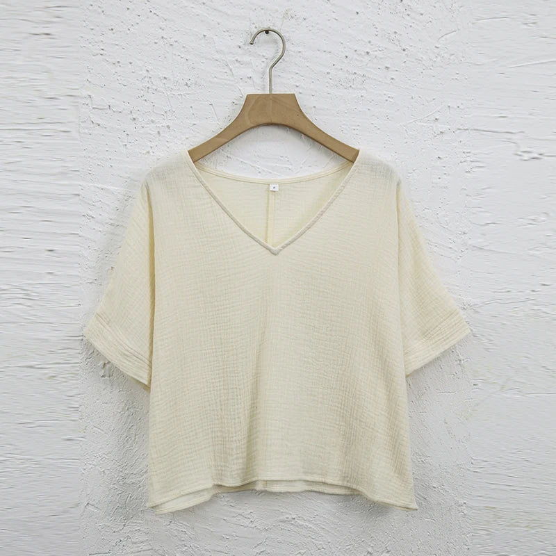 Oversize-Bluse aus 100 % Baumwolle – Kurzarm mit V-Ausschnitt