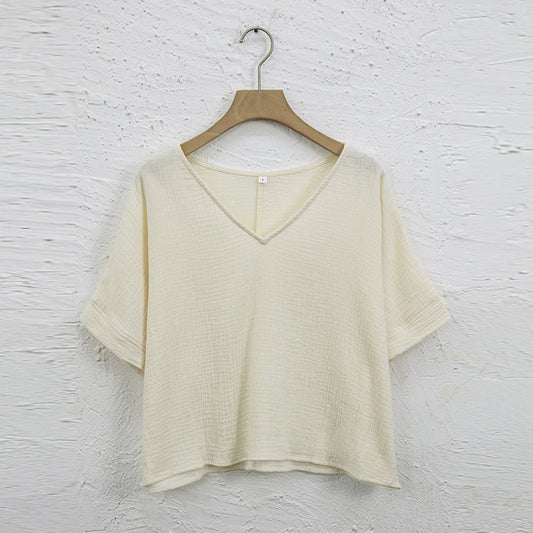 Oversize-Bluse aus 100 % Baumwolle – Kurzarm mit V-Ausschnitt