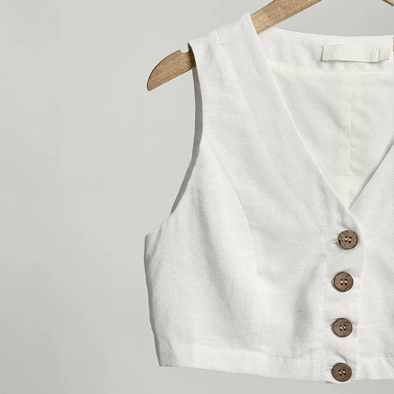Crop Top aus Baumwolle und Leinen mit Knöpfen