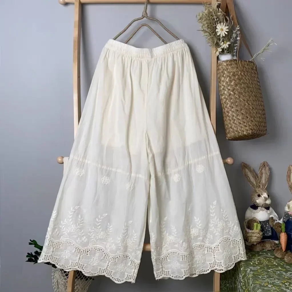 Sweet Floral Embroidery Eyelet Lace Wide Leg Pants