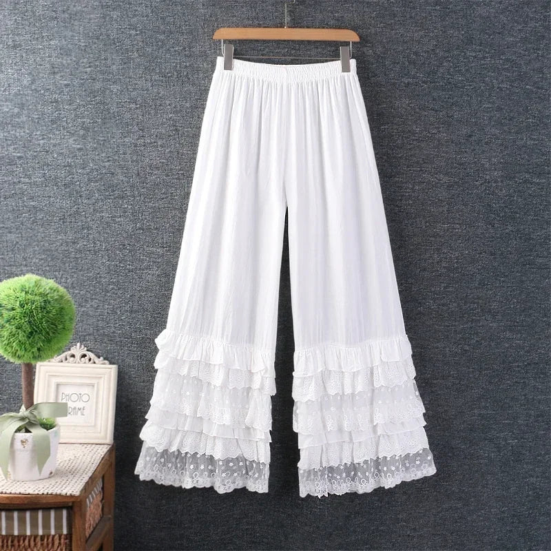 Cotton Ruffled Lace Hem Wide Leg White Pant