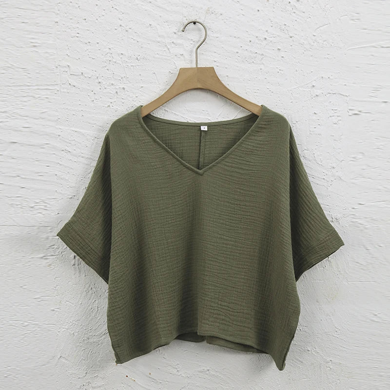 Oversize-Bluse aus 100 % Baumwolle – Kurzarm mit V-Ausschnitt
