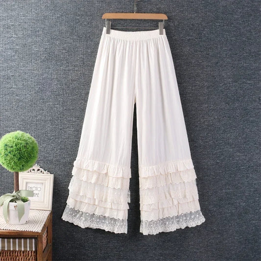 Cotton Ruffled Lace Hem Wide Leg White Pant