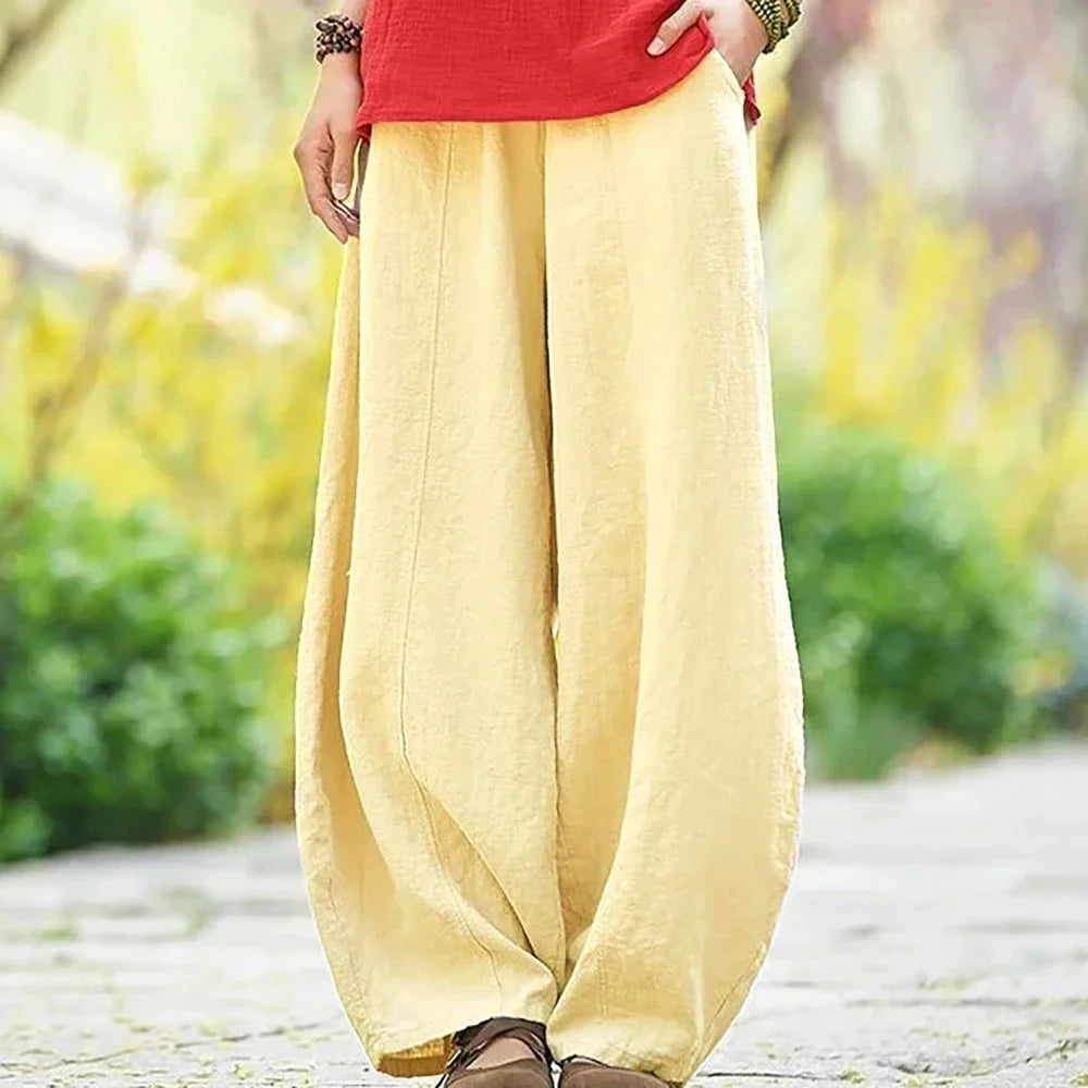 2025 Cotton Linen Style Bloomers Wide Leg Pants Women