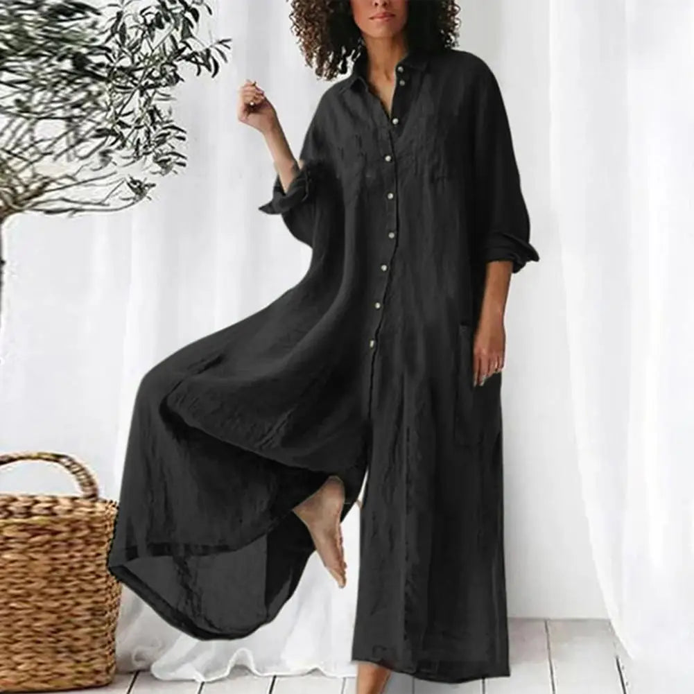 Oversized Damen-Jumpsuit aus Baumwolle und Leinen mit Knöpfen