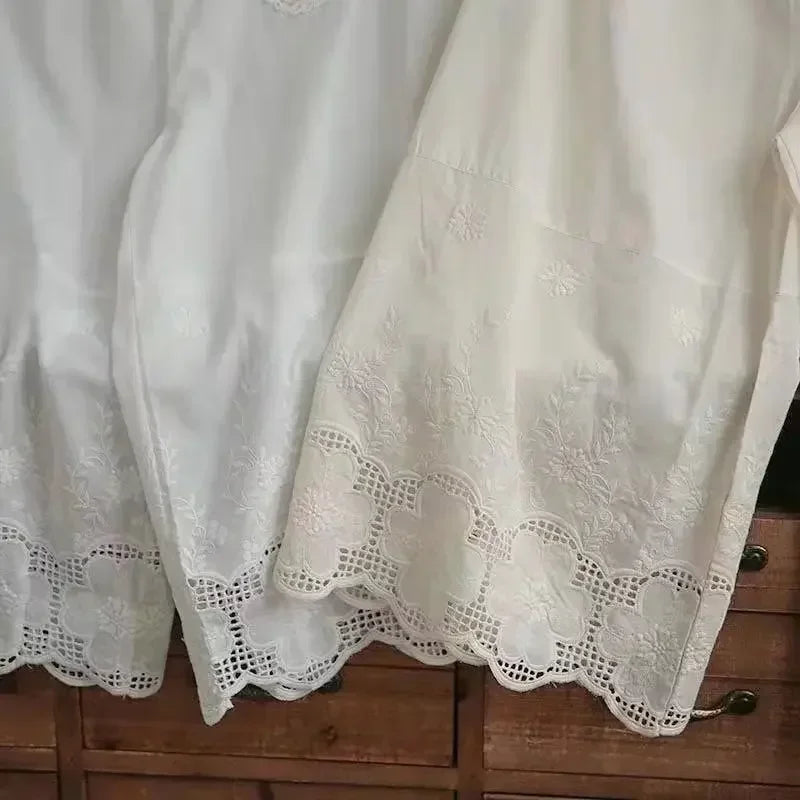 Sweet Floral Embroidery Eyelet Lace Wide Leg Pants