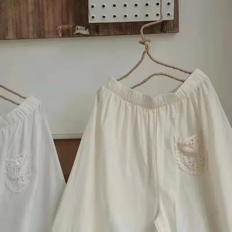 Sweet Floral Embroidery Eyelet Lace Wide Leg Pants
