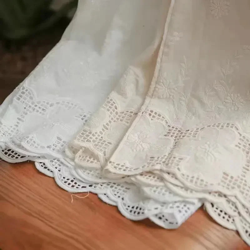 Sweet Floral Embroidery Eyelet Lace Wide Leg Pants
