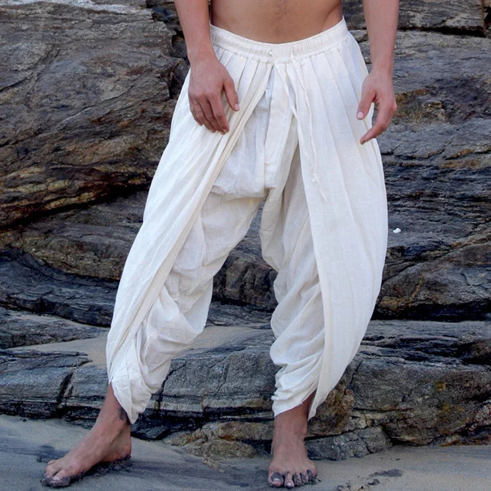 Men's Casual loose White Pleated Pants Drawstring Bound