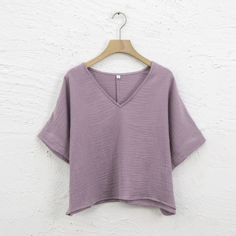 Oversize-Bluse aus 100 % Baumwolle – Kurzarm mit V-Ausschnitt