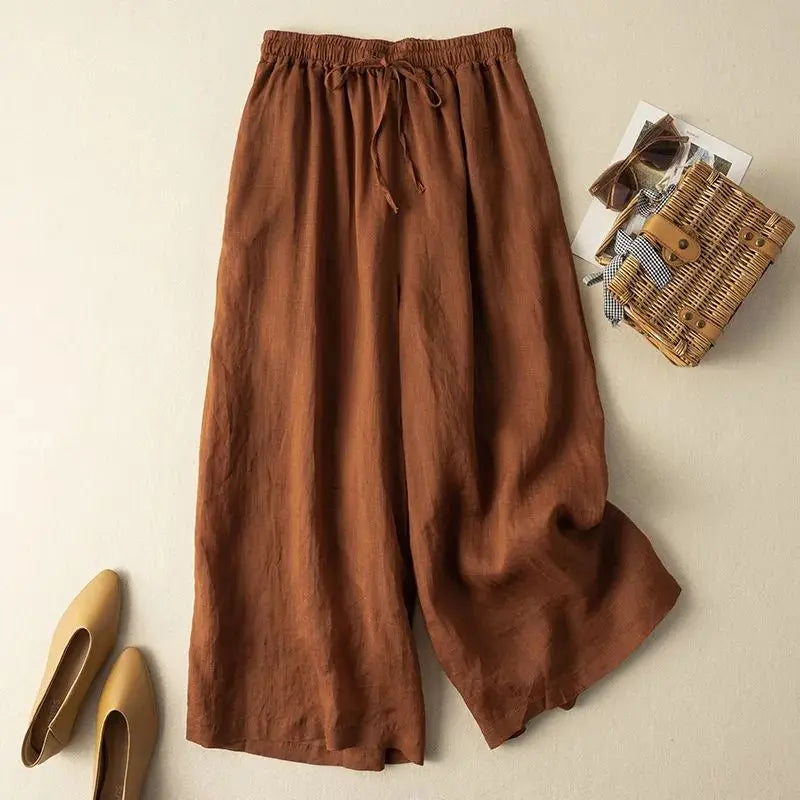 Purple Cotton Linen Casual Elastic High Waist
