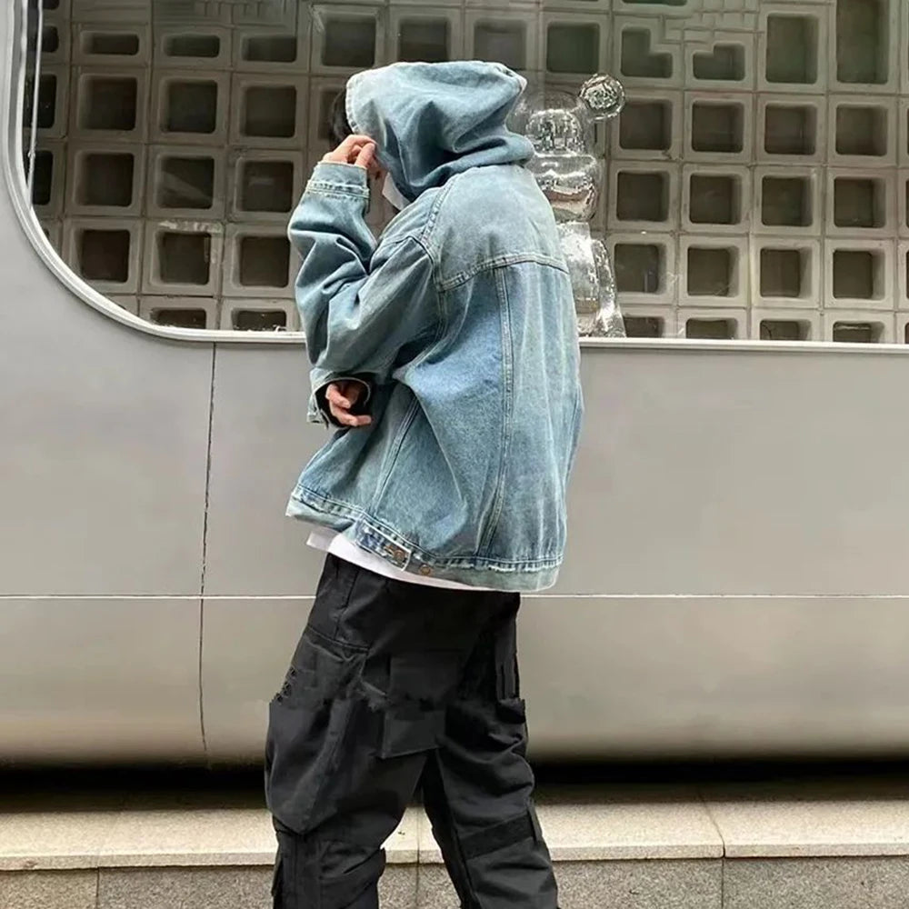 Mens Denim Washed Distressed Retro Hoodie - DreadLocos Shop