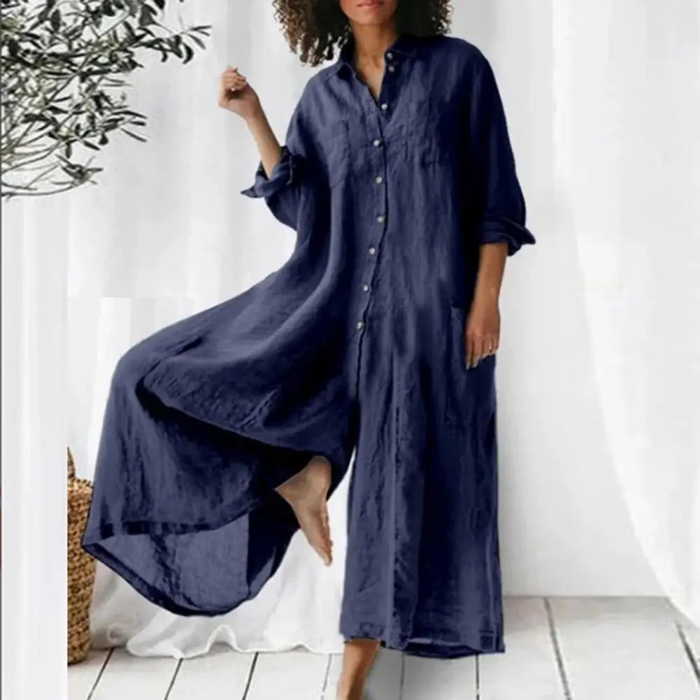 Oversized Damen-Jumpsuit aus Baumwolle und Leinen mit Knöpfen