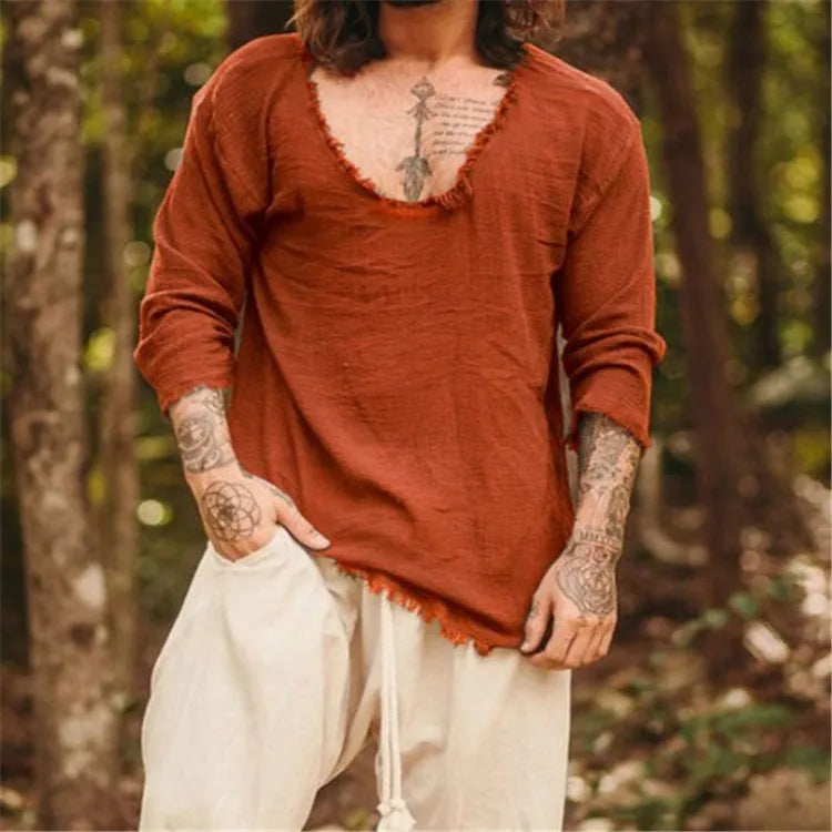 Spring and Summer Men's Viking Style Summer Shirts for Beach Wear Casual Shirts Pure Fake Cup-shaped Long Sleeved V-neck Tops - DreadLocos Shop
