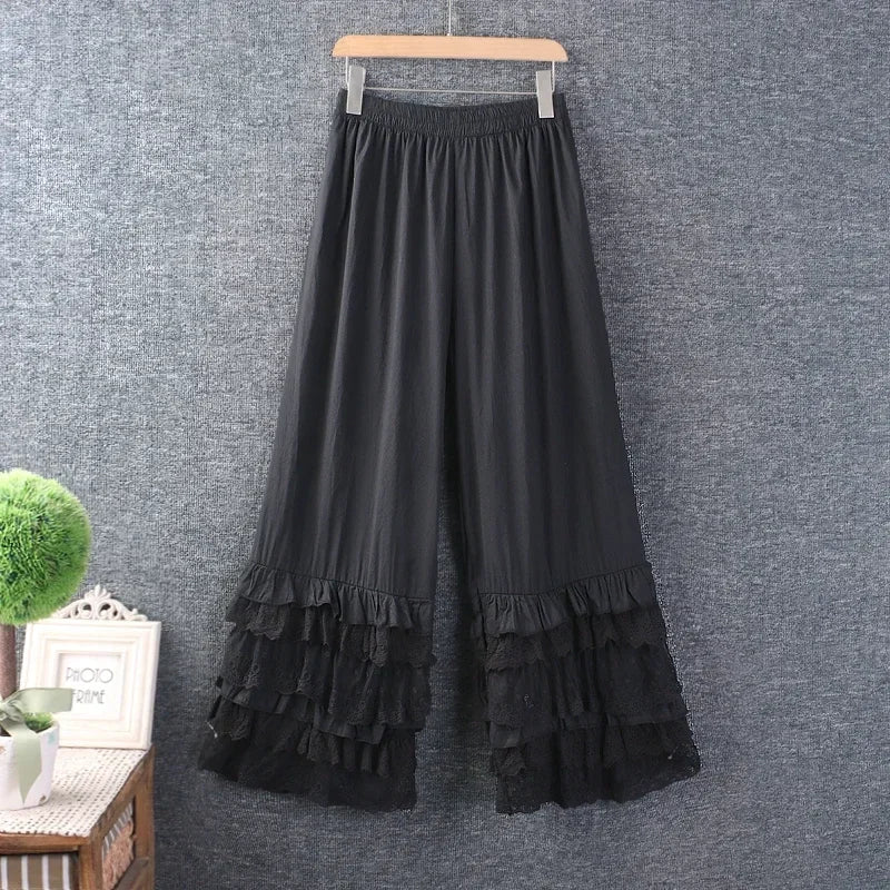 Cotton Ruffled Lace Hem Wide Leg White Pant