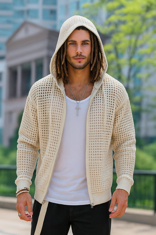 Fleece Men Hoody im Coat Look *gestricktes Design*