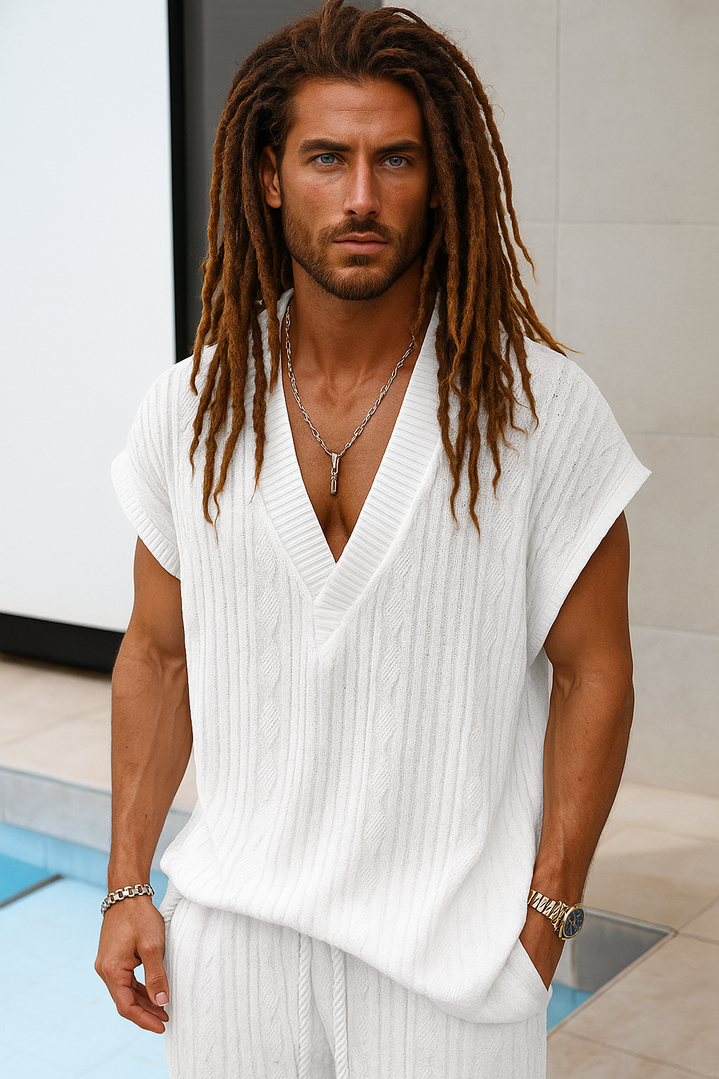 Large Men's Casual V-neck Loose Jacquard Knitwear Sleeveless Tank Top - DreadLocos Shop