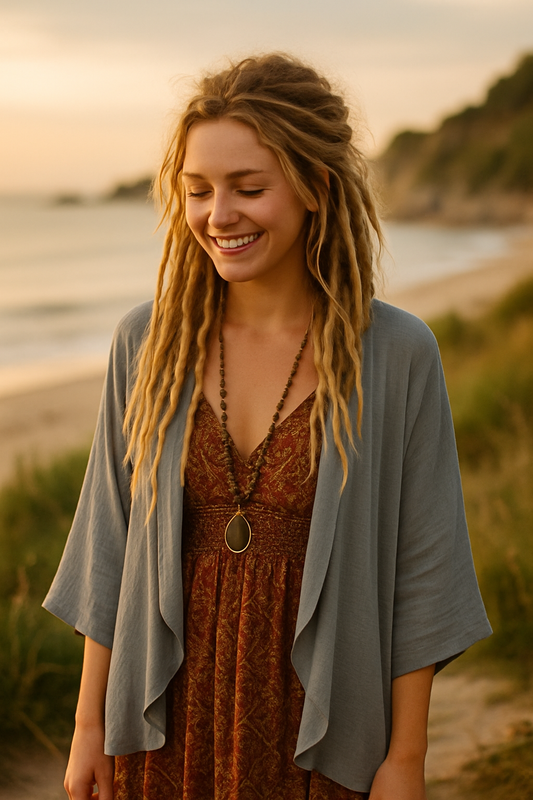 3/4-Arm Bluse mit Offenem Kimono-Cardigan
