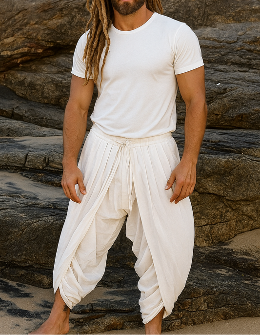 Men's Casual loose White Pleated Pants Drawstring Bound