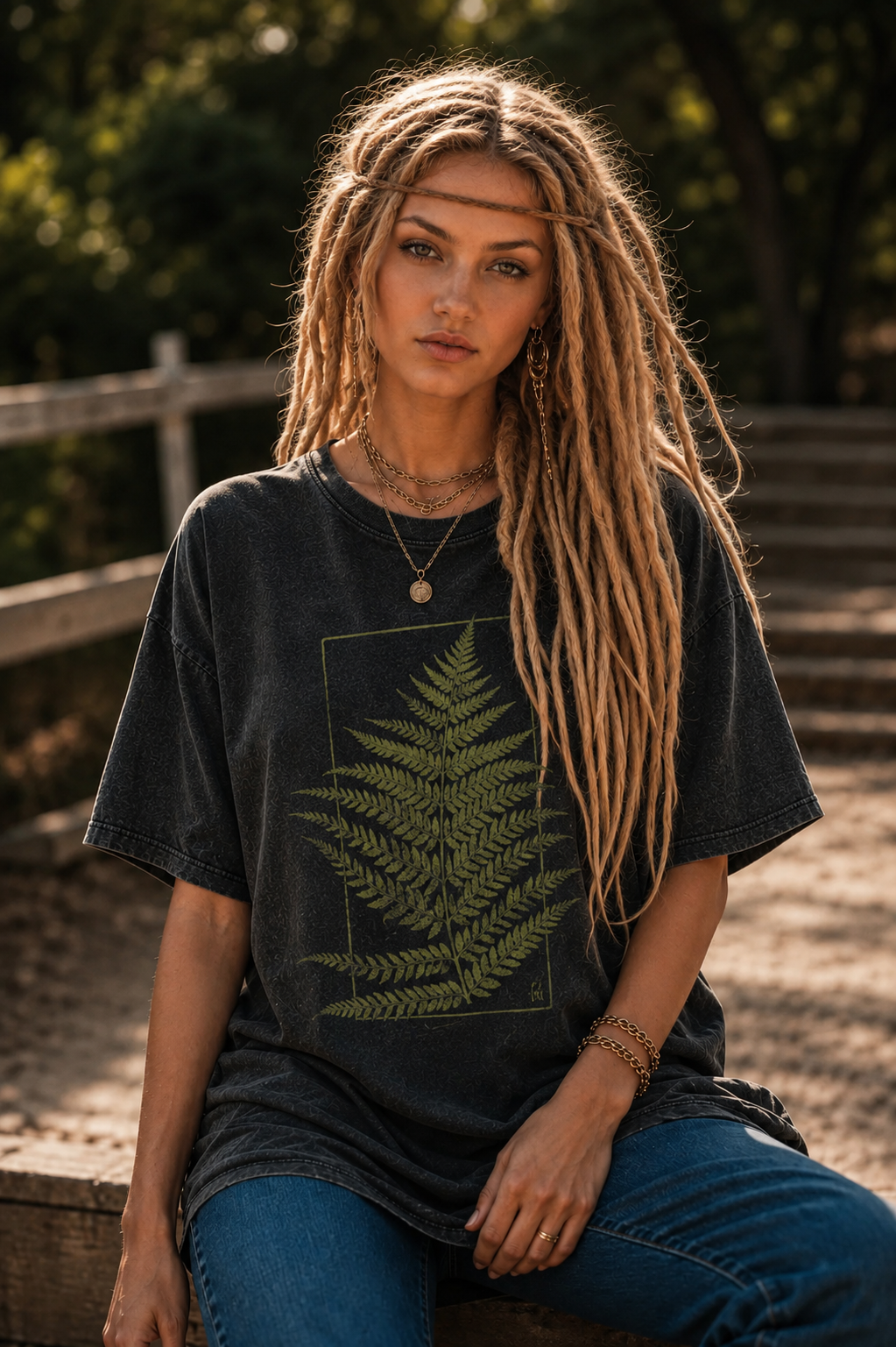 Vintage Washed T-shirt with Fern Leaf 100% Cotton