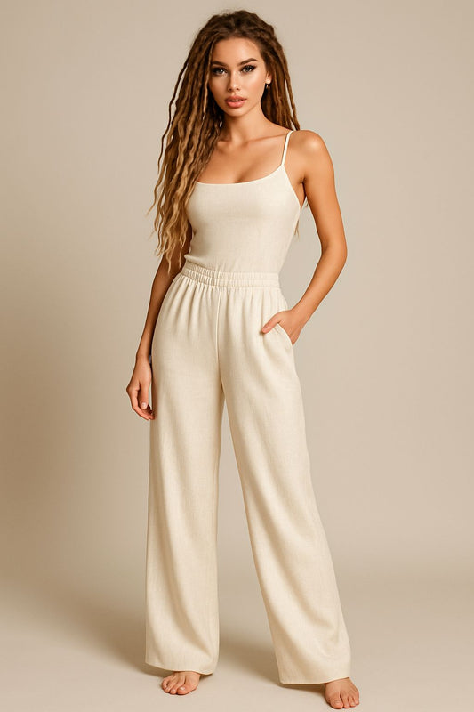 White Cotton and Linen Wide-leg Pants